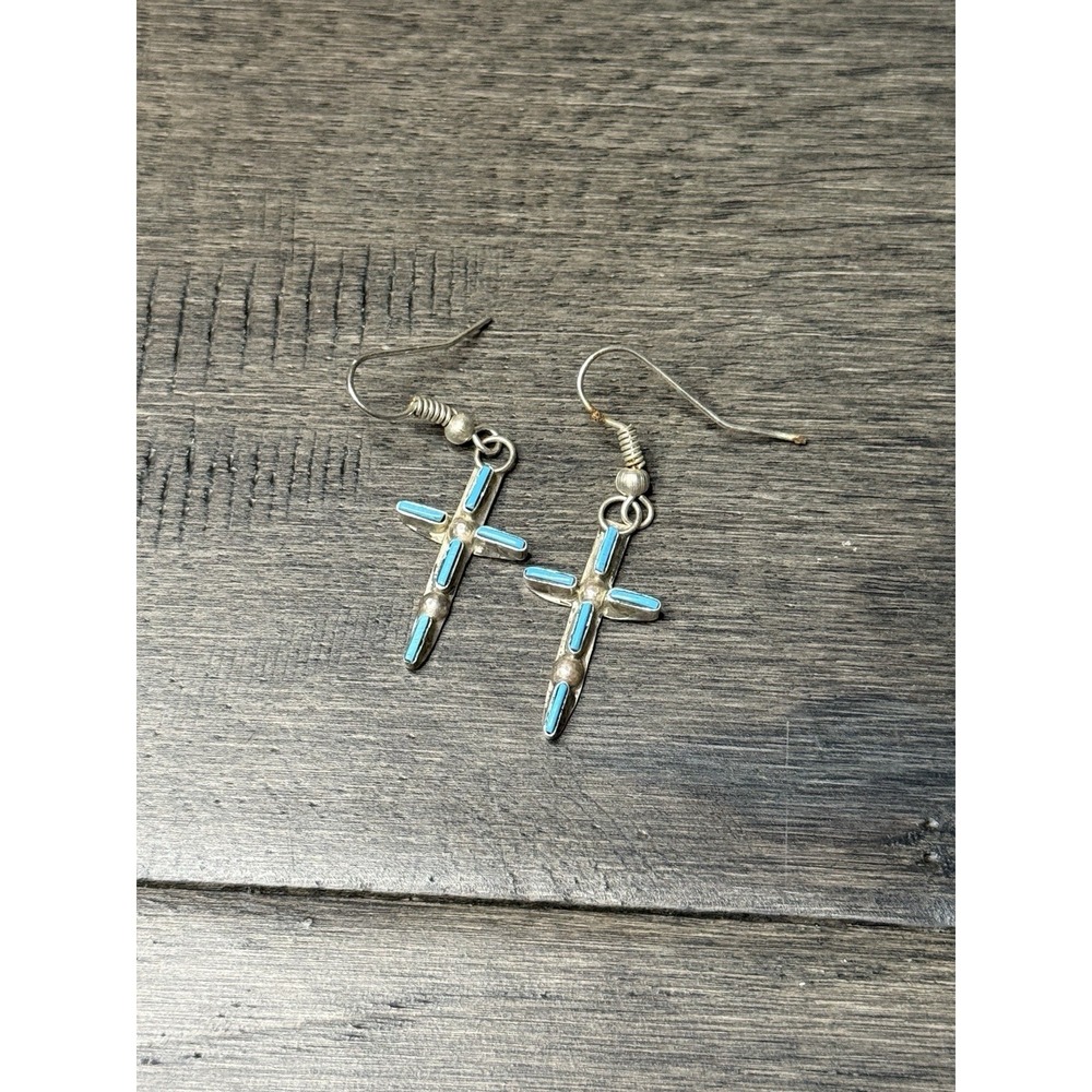 Zuni Indian Sterling Silver Turquoise Cross Dangle Earrings Dainty Petite Signed